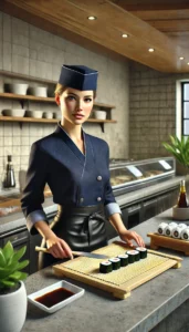 A Photorealistic Image Of A Female Sushi Chef Wearing A Dark Blue Sushi Chef Costume. She Is Standing In A Modern Sushi Restaurant With A Sushi Bar In