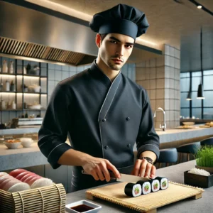 A Photorealistic Image Of A Sushi Chef Wearing A Dark Blue Sushi Chef Costume. The Chef Is Standing In A Modern Sushi Restaurant With A Sushi Bar In T